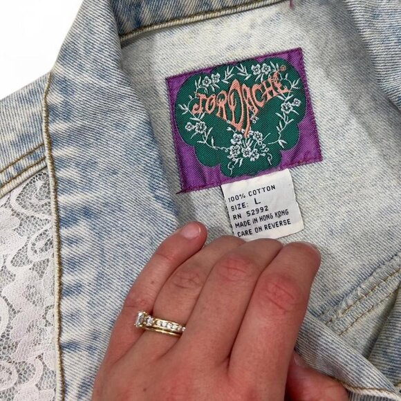 Vintage Jordache Women’s Large Cropped Denim Jacket Acid Wash Y2K Lace - Picture 3 of 6